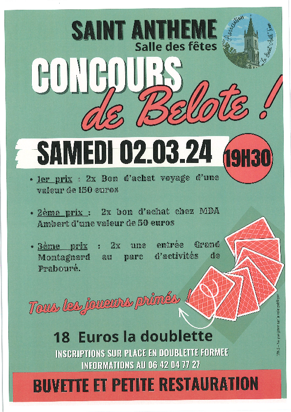 Affiche concours de belote - le 2 mars 2024 à 19 h 30 à la salle des fêtes de Saint-Anthème