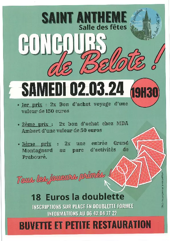 Affiche concours de belote - le 2 mars 2024 &agrave; 19 h 30 &agrave; la salle des f&ecirc;tes de Saint-Anth&egrave;me